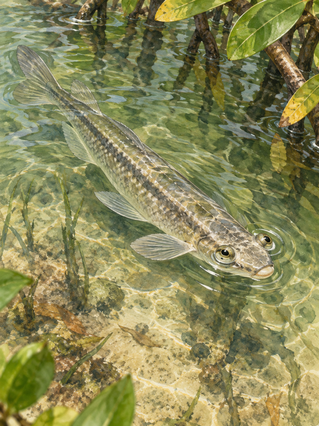 An Anableps fish seen from above, with two eyes protruding at a shallow mangrove water surface.