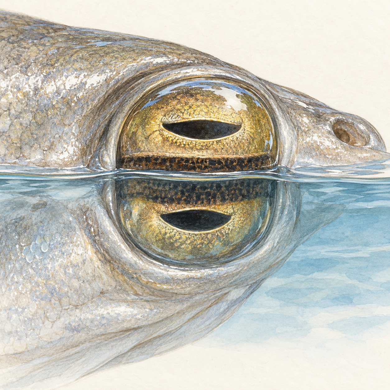 Conceptual close view of one Anableps eye with upper and lower pupil openings separated by a pigmented band.
