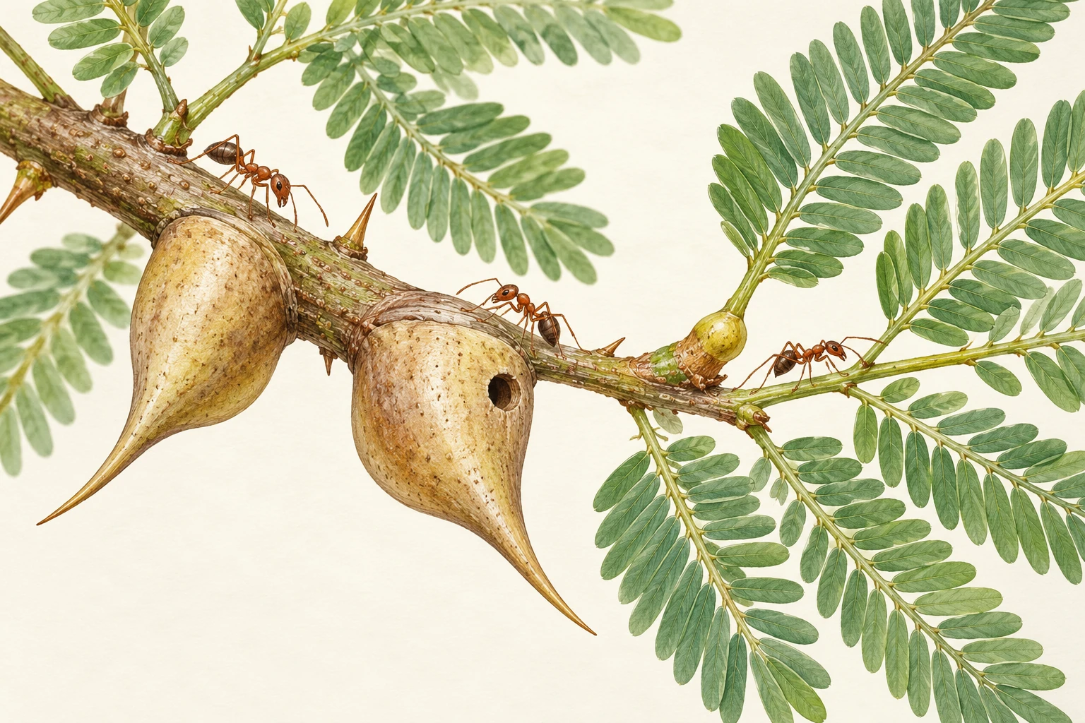 Small reddish ants patrol an acacia branch bearing swollen thorns and finely divided leaves.