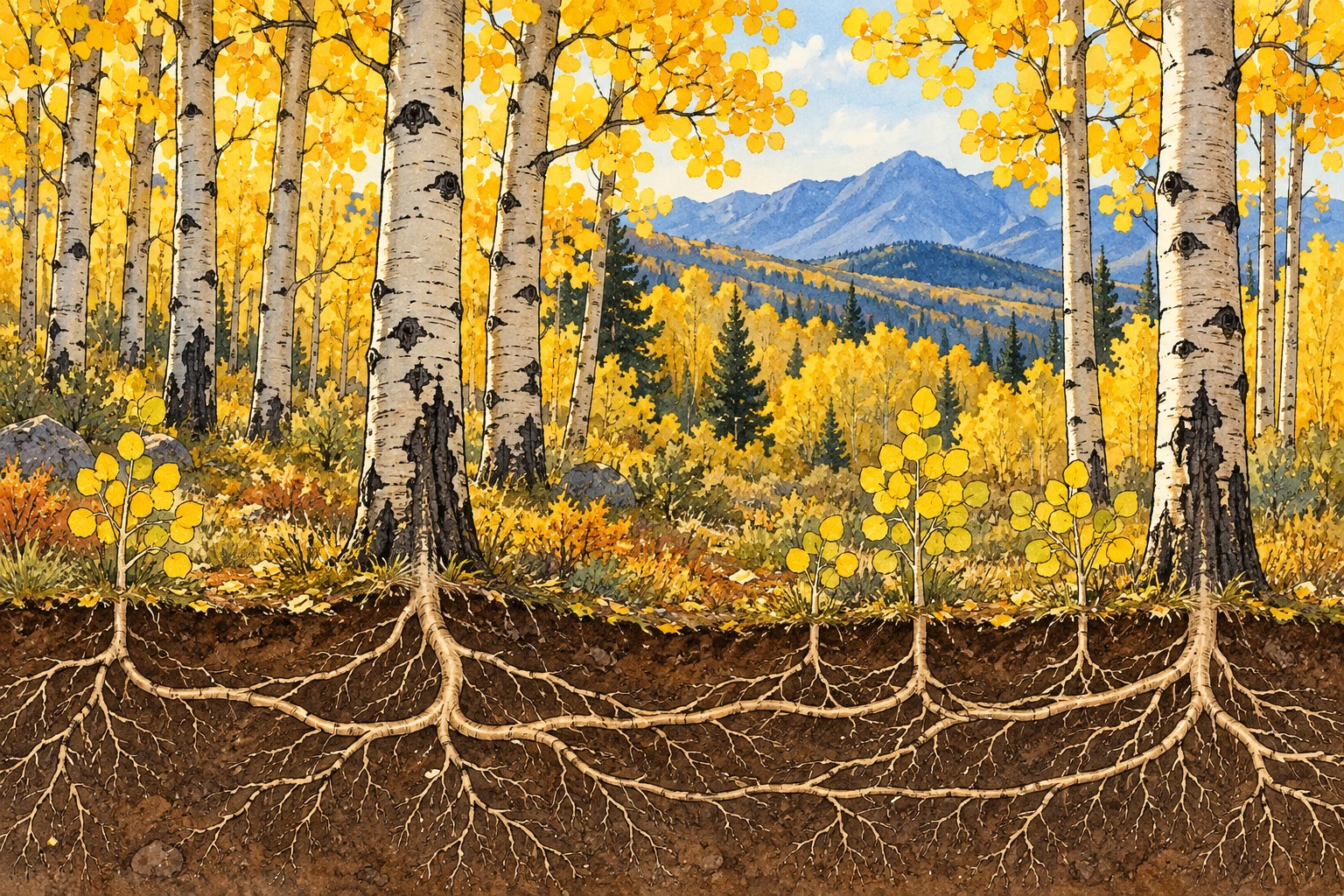 An autumn aspen grove with a schematic soil cutaway showing roots and young suckers.