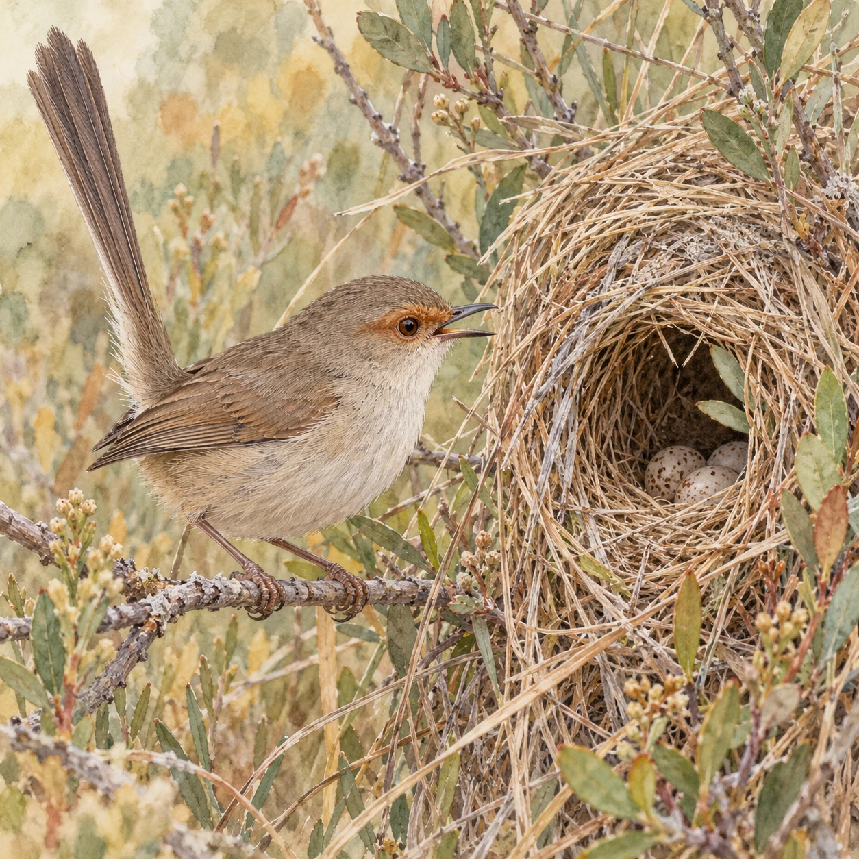 A plain gray-brown female superb fairy-wren calls beside a grass nest with a glimpse of eggs.