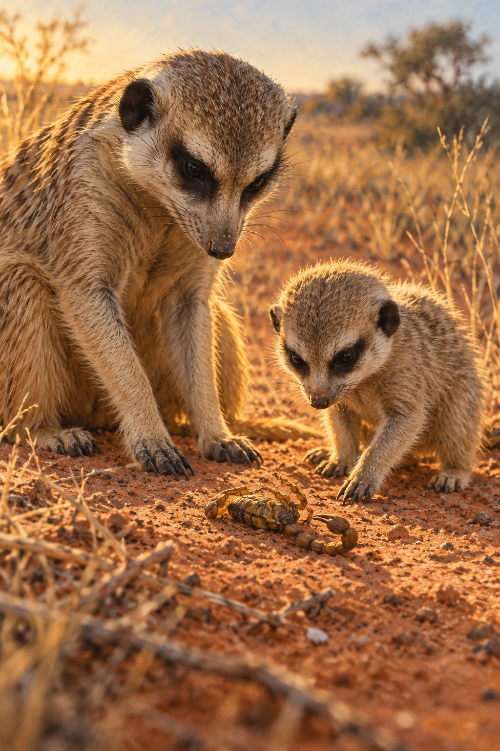An adult meerkat and pup attend to a small disabled scorpion on sandy ground.