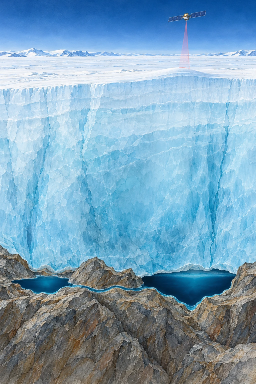 Painted cutaway of thick Antarctic ice above two liquid reservoirs connected along a rocky bed, with a satellite overhead.