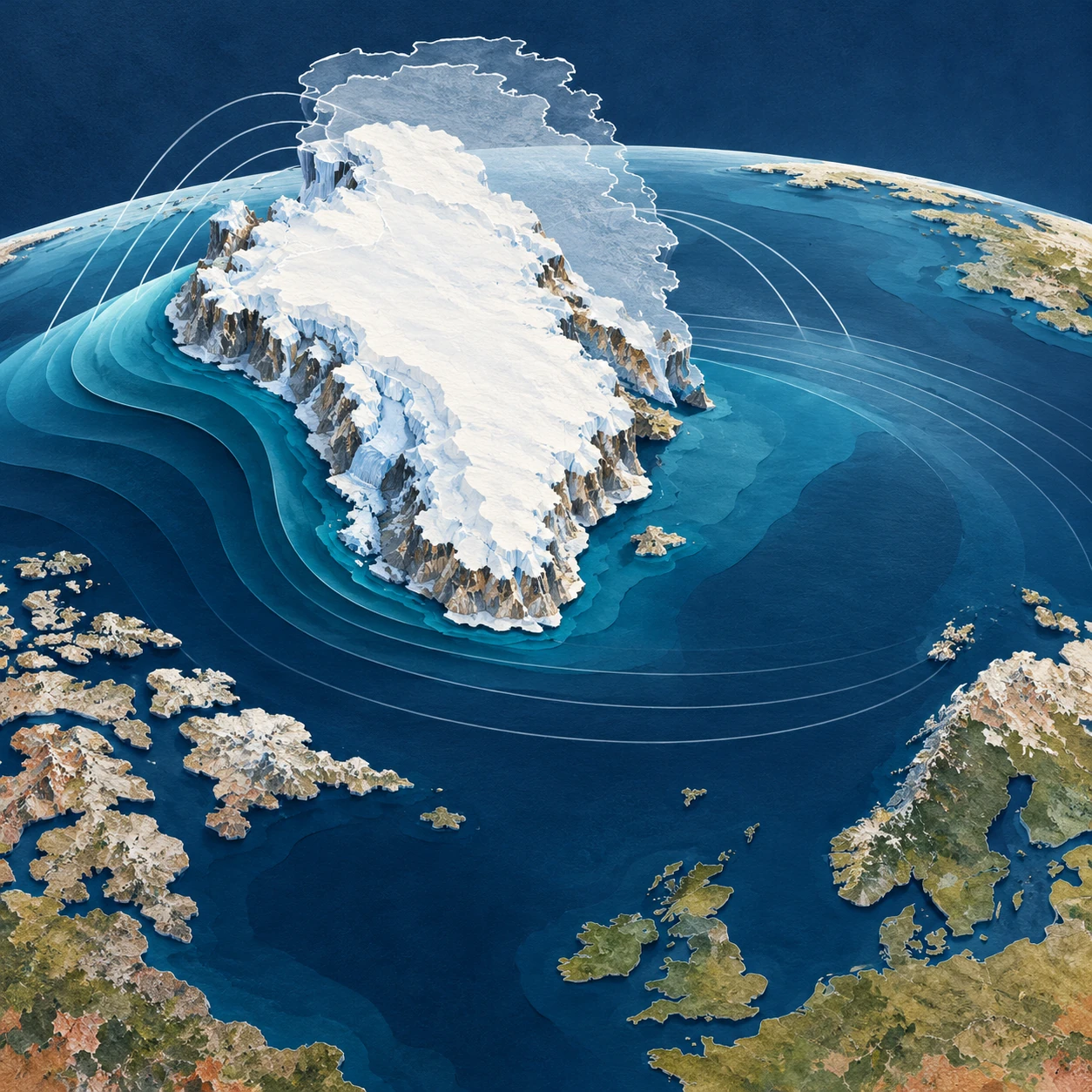 Conceptual cut-paper image of an ice-covered island and curved blue ocean layers with a faint outline of former larger ice.