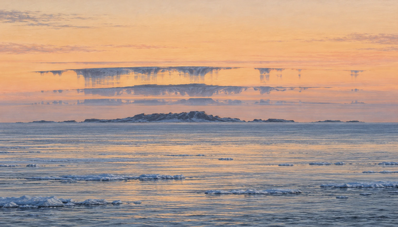 Pastel illustration of a distant cold-ocean island distorted into narrow stacked and stretched bands at the horizon.