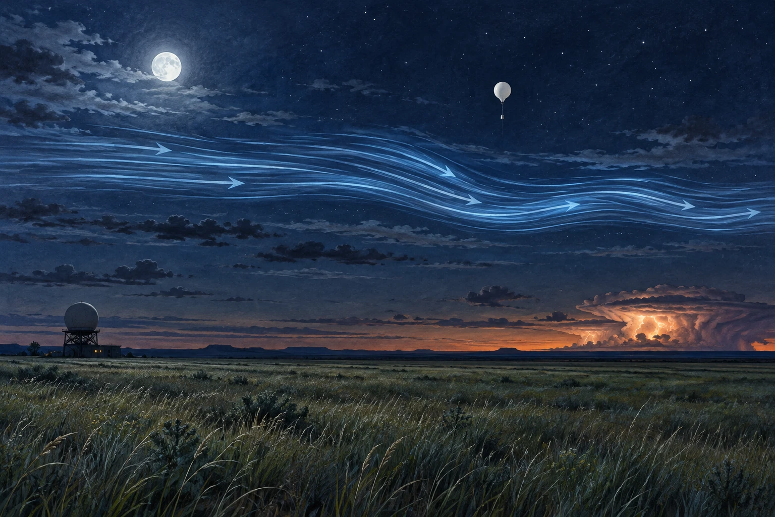Moonlit Plains landscape with a conceptual blue airflow band above quiet grass, a weather balloon, and distant storm.