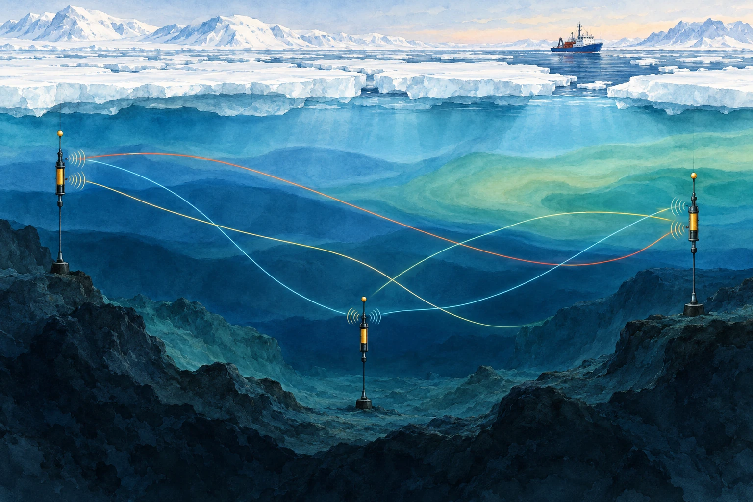 Watercolor cross section of acoustic instruments beneath sea ice, with crossing colored sound paths through different water layers.