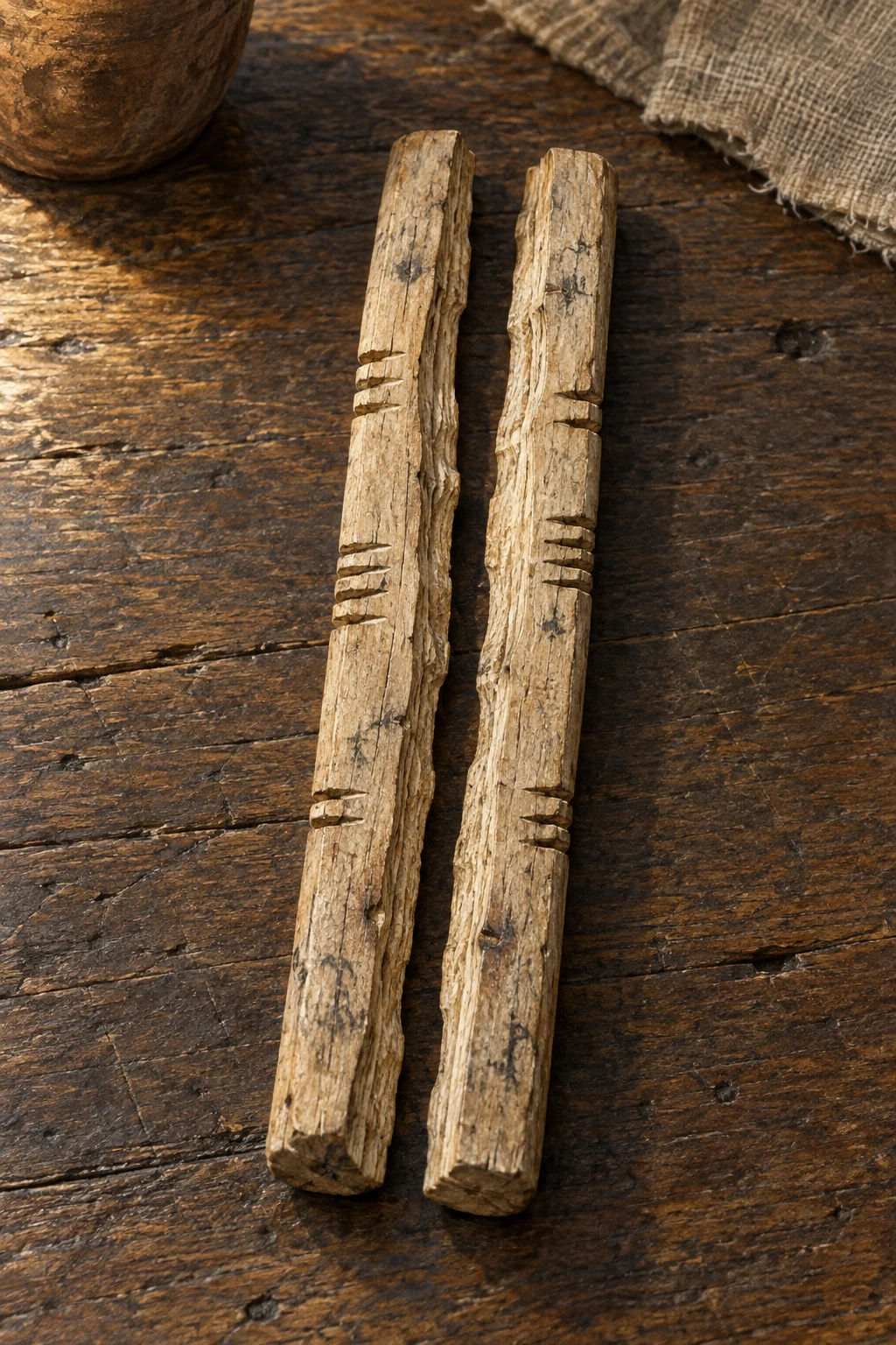Two slender notched wooden tally halves lie side by side on a worn table, with their grain and split edges visible.