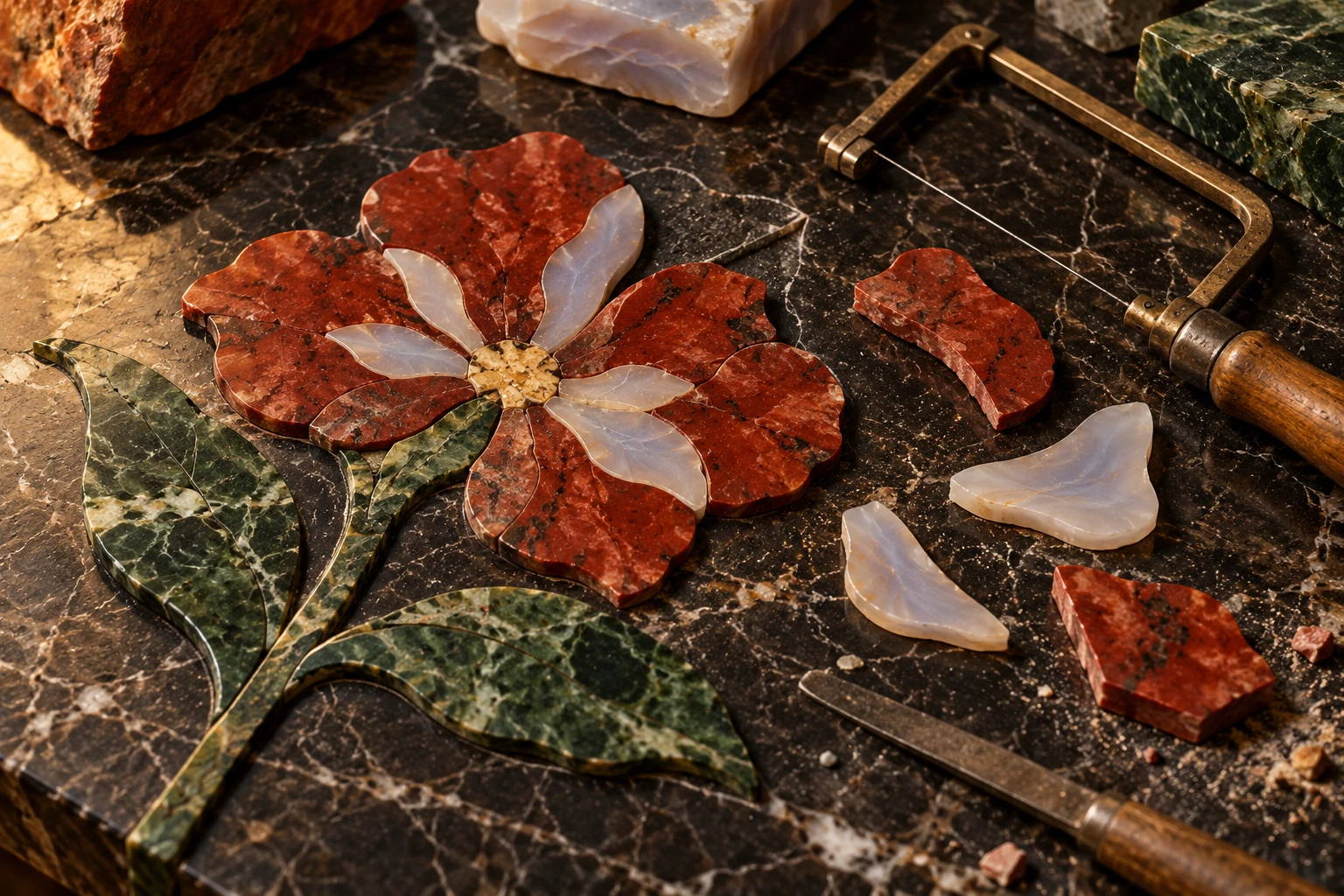 An original stone flower assembled from red, pale, and green hardstone pieces beside loose pieces and a small bow saw.