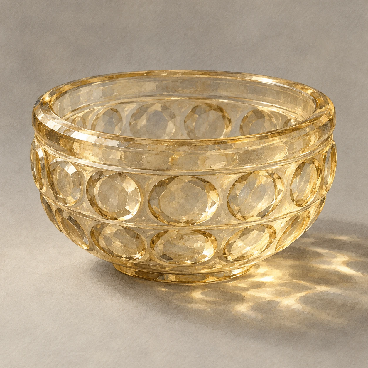 A pale amber glass bowl with repeating shallow circular facets casts a soft shadow on a neutral surface.
