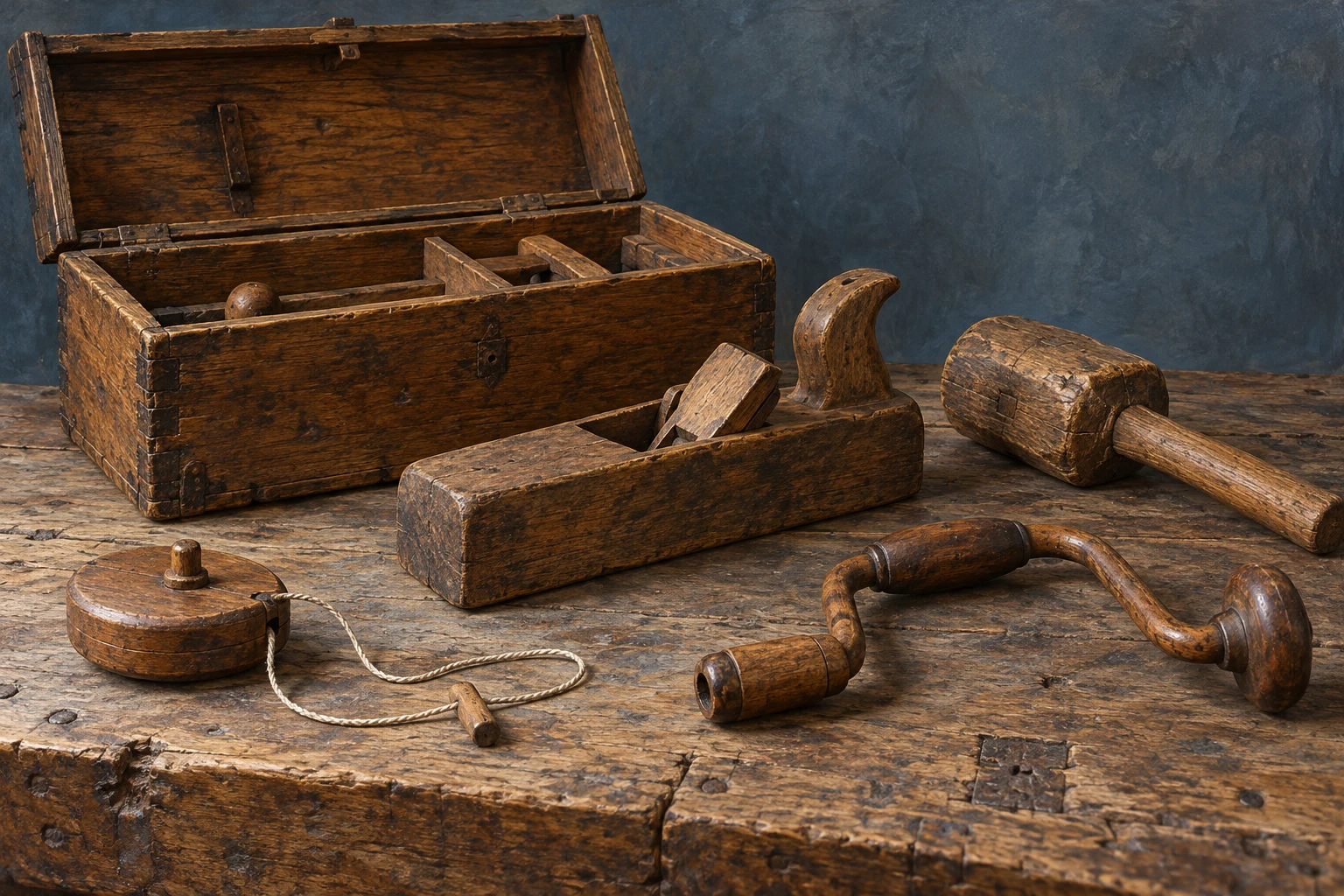 An open wooden chest with wooden plane, brace, mallet, and chalk reel arranged on a timber work surface.