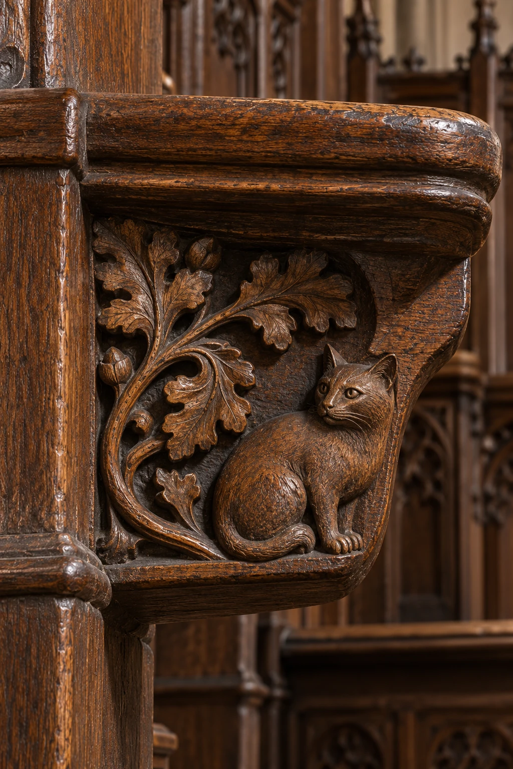 An illustrative raised oak choir seat reveals a small support ledge over a carving of a cat and curling leaves.