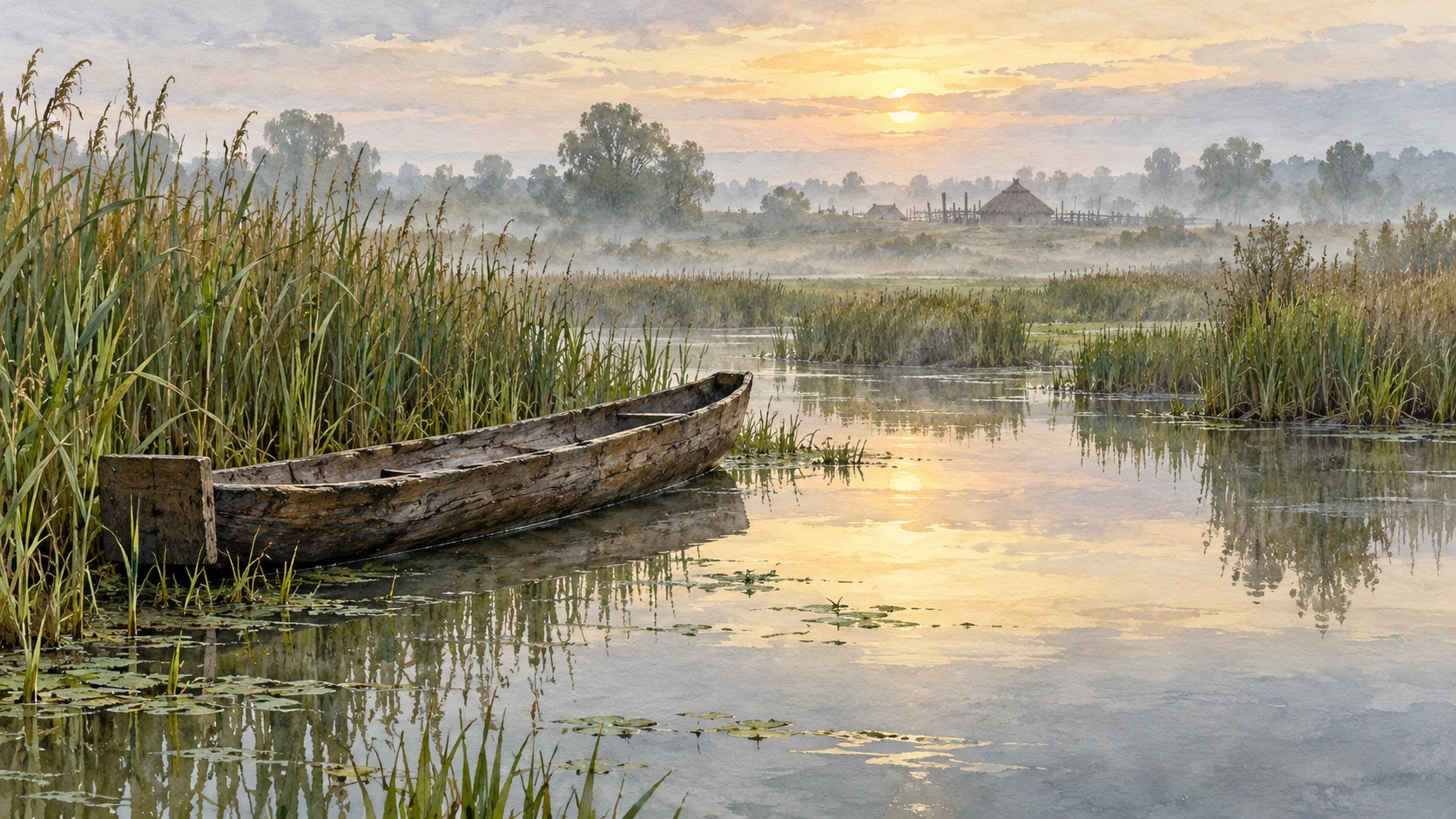 A simple hollowed-log boat rests by reeds on a misty river, with indistinct timber structures far in the background.
