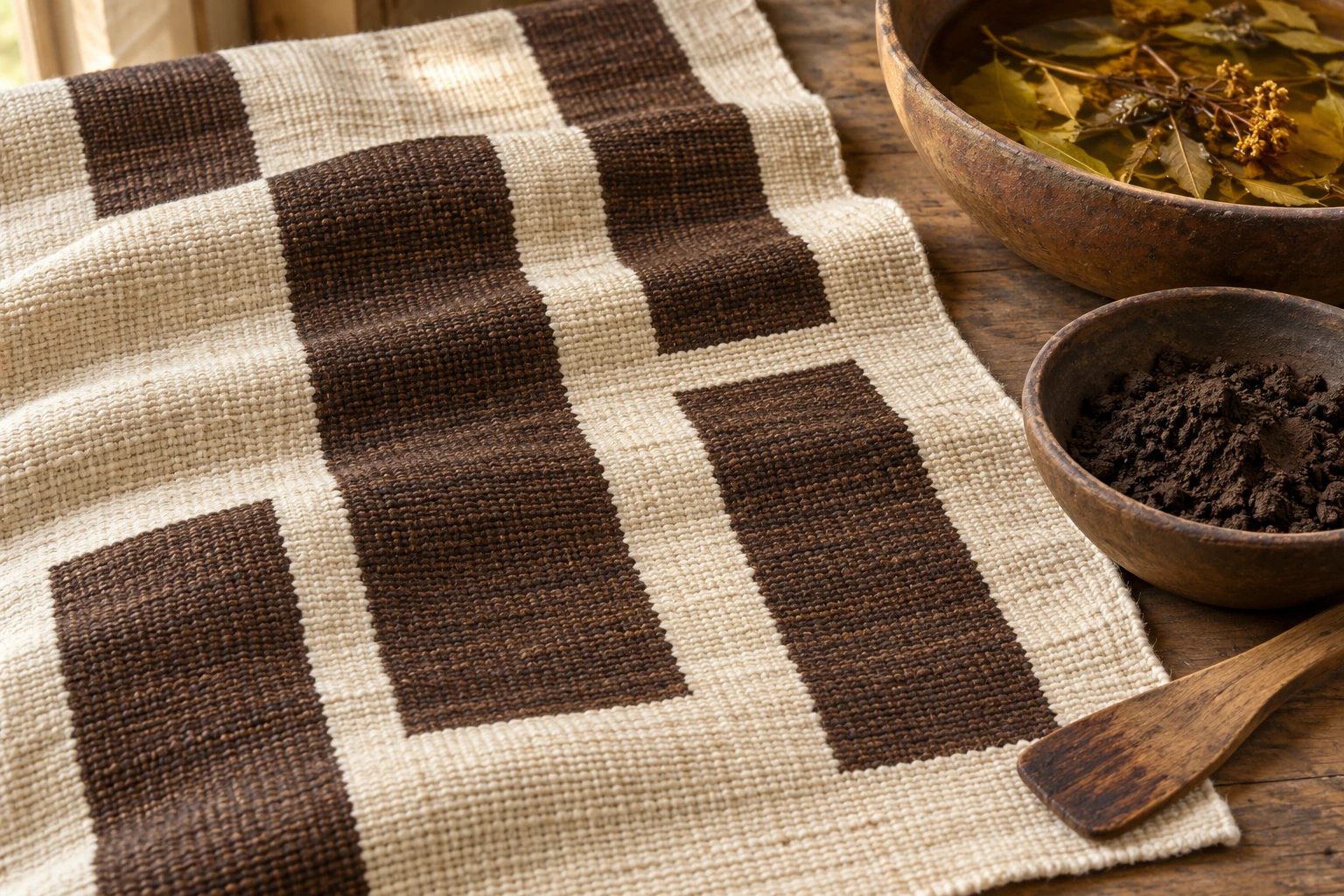 Conceptual cotton strip cloth with dark geometric fields, clay bowl, and plant-dye preparation.