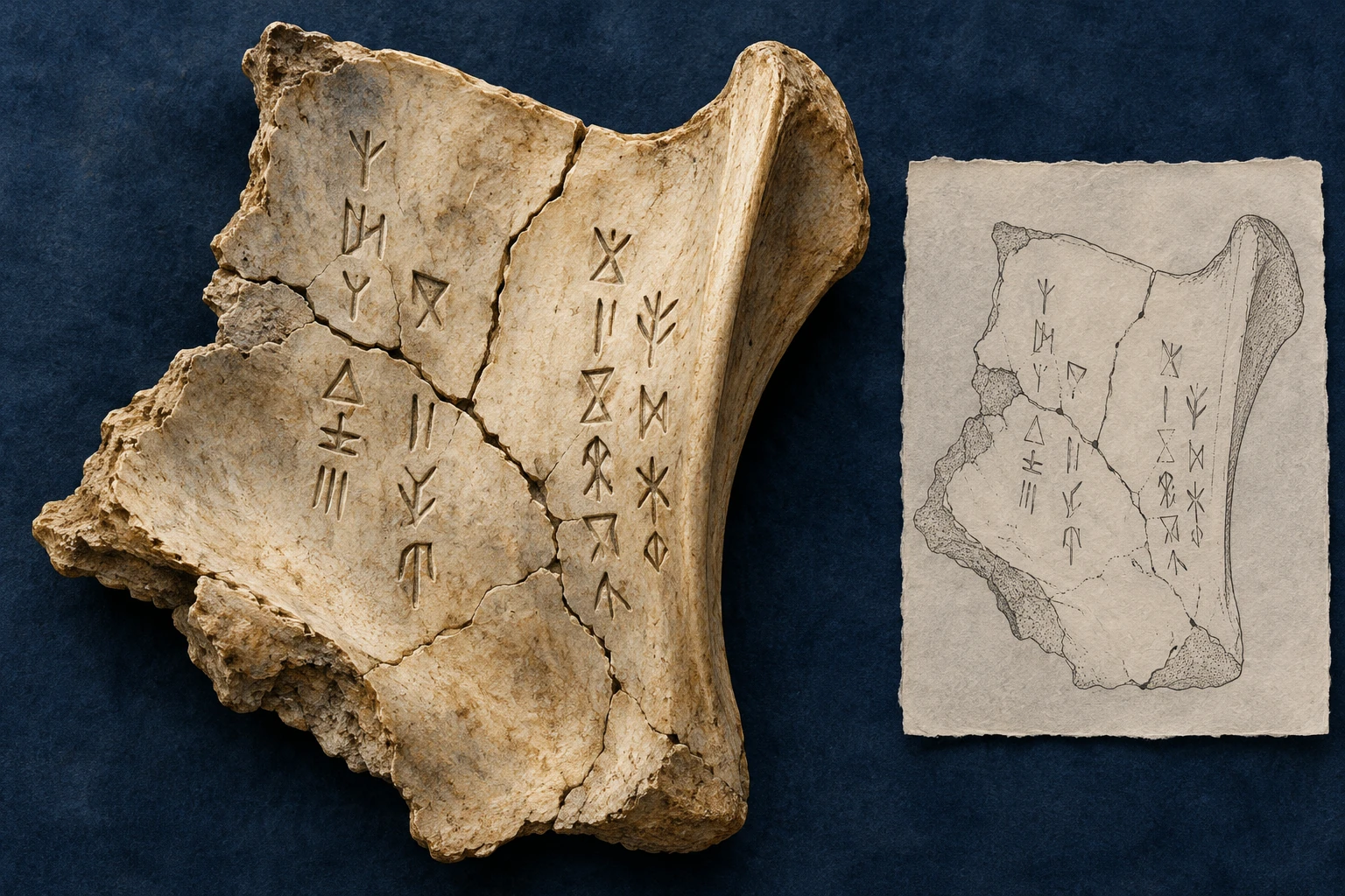 Conceptual oracle-bone fragment with branching cracks and abstract marks beside a paper tracing.