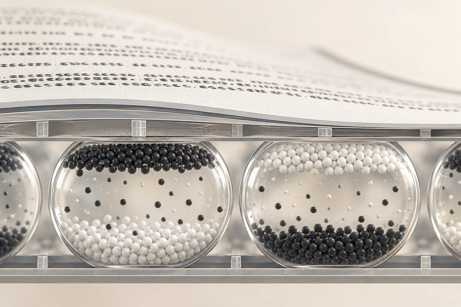 A matte electronic-paper page above a conceptual magnification of black and white particles in capsules.