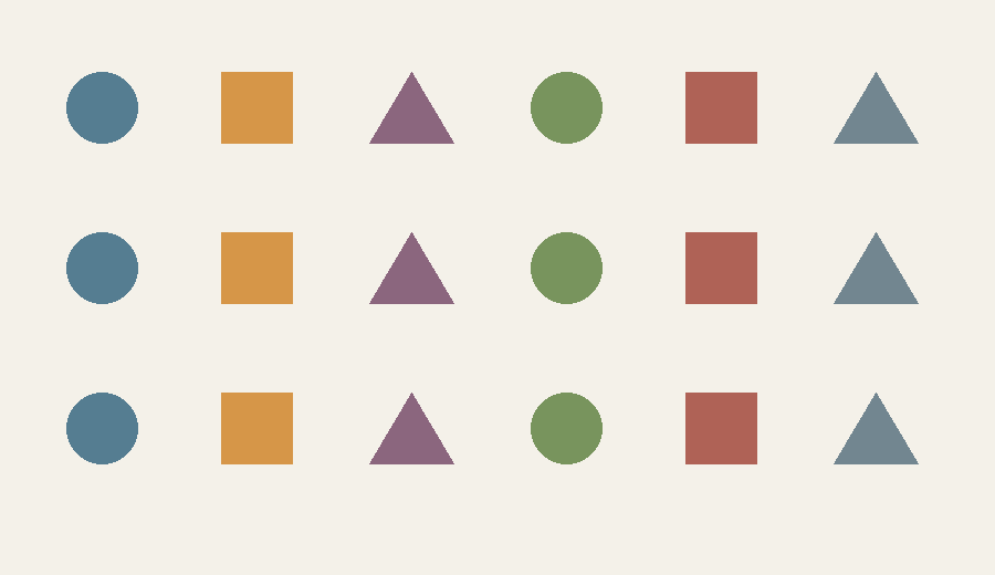 View A: eighteen colored shapes arranged in three rows and six columns.