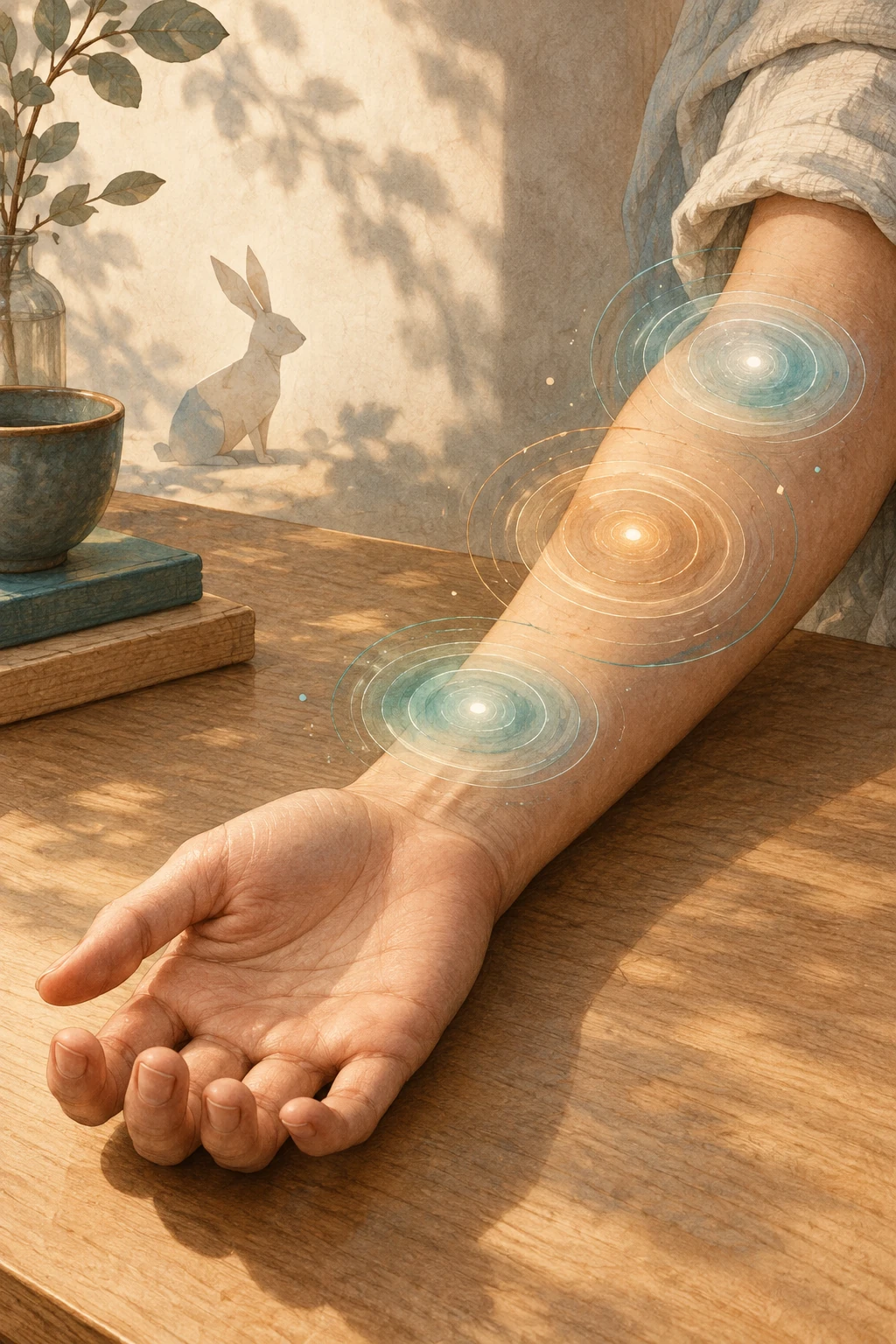 A relaxed forearm, soft ripple motifs and a paper rabbit evoke a tactile illusion.