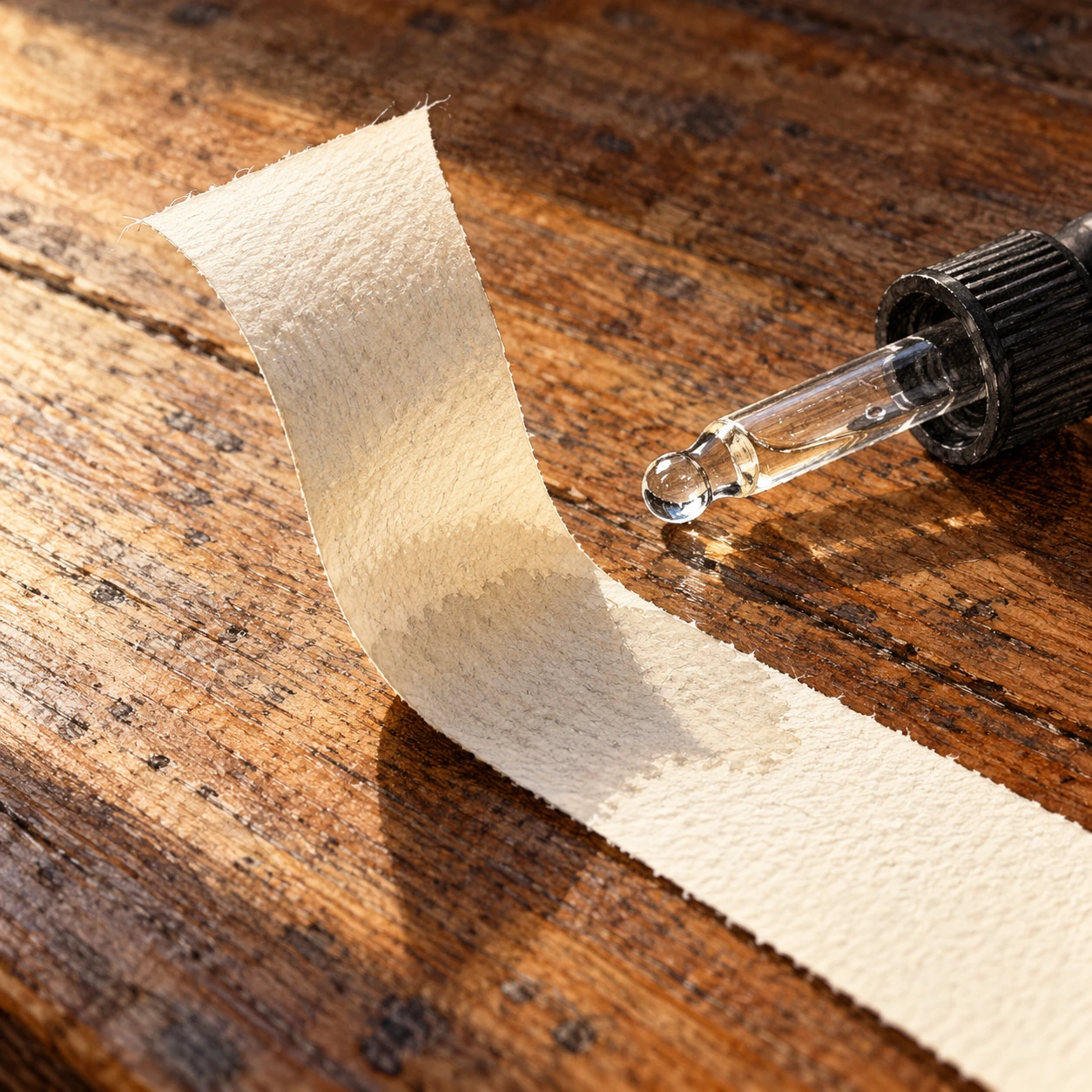 A narrow paper strip curves above a wooden tabletop beside a water dropper.