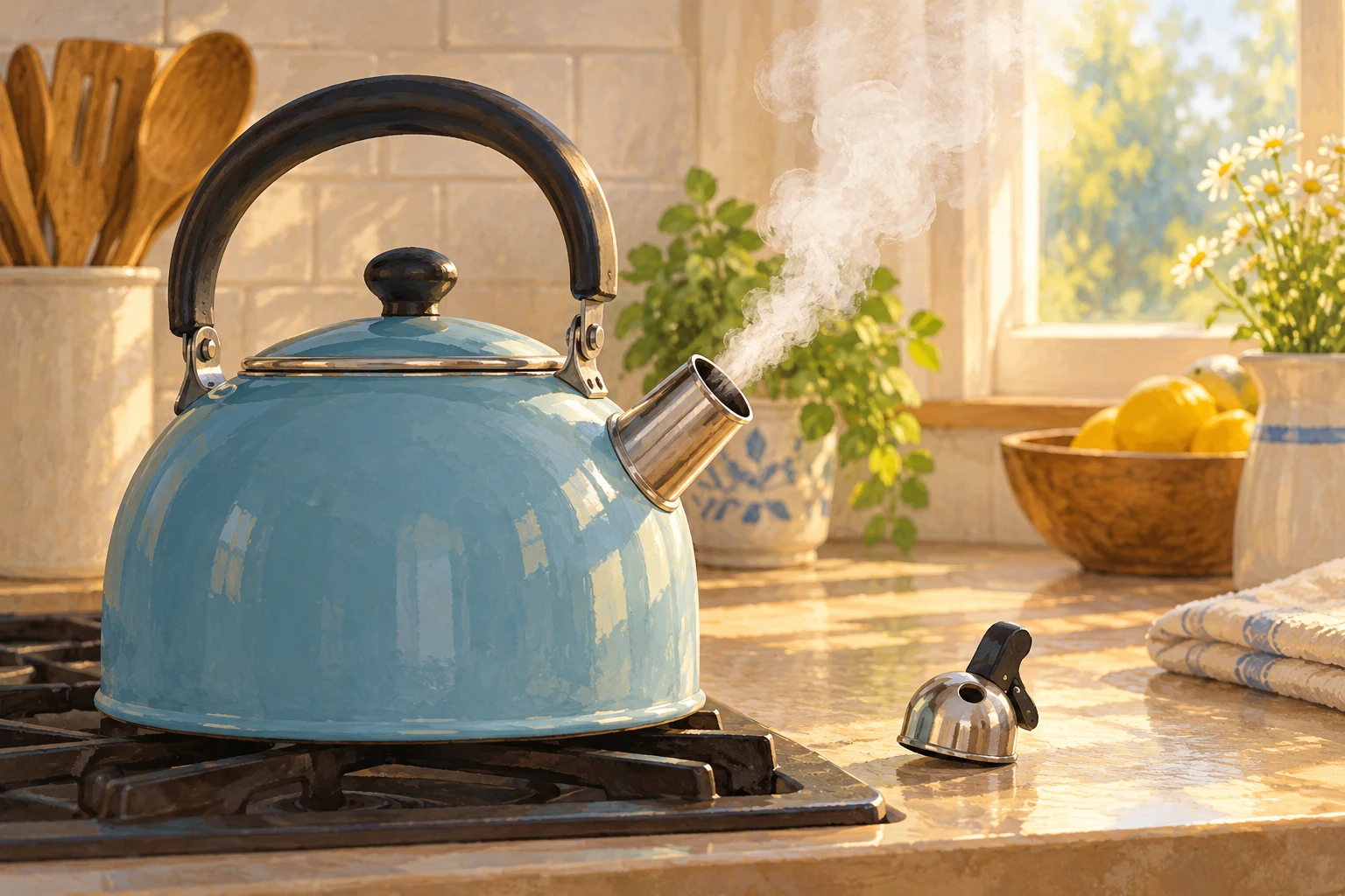 A whistling stovetop kettle and spout cap appear in a warm kitchen still life.