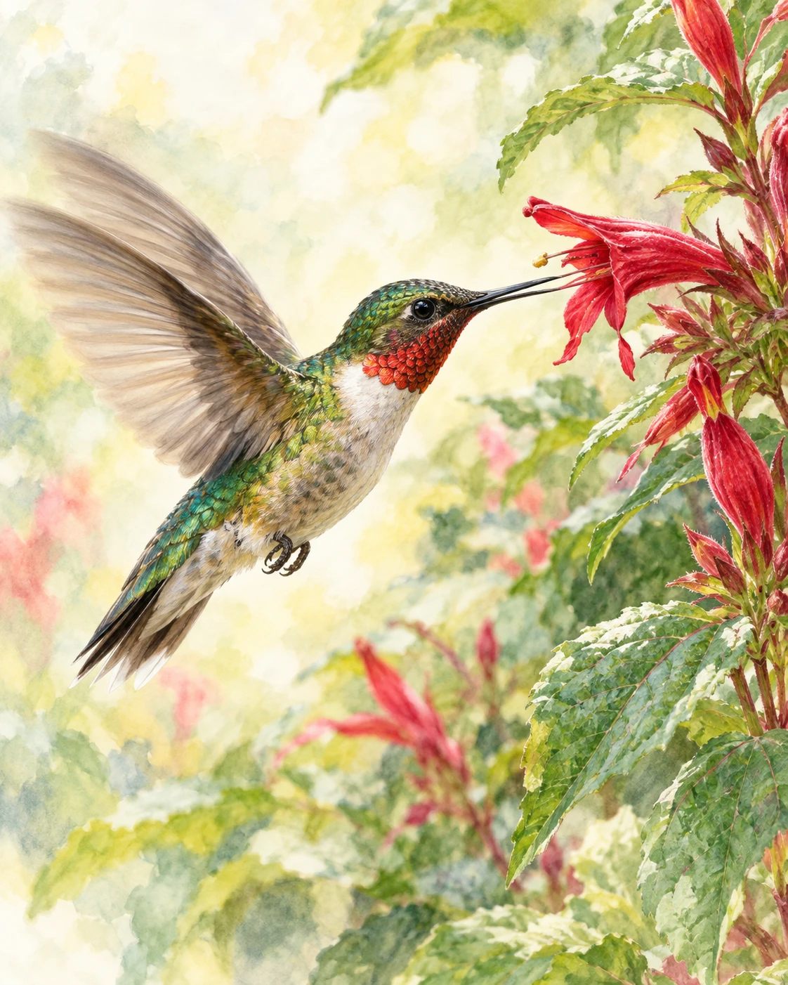 Hummingbird feeding at a flower in a tall watercolor composition
