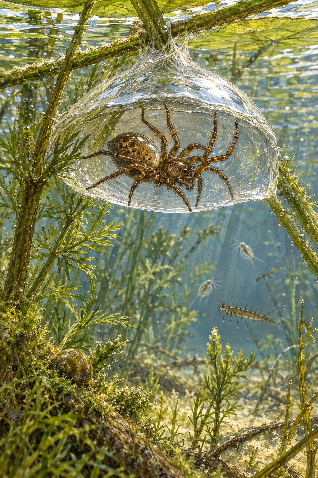 Diving-bell spider inside a silken underwater air space among plants