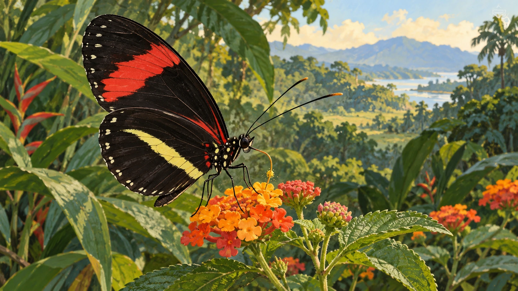 A red-banded Heliconius butterfly feeding on orange flowers in a tropical clearing
