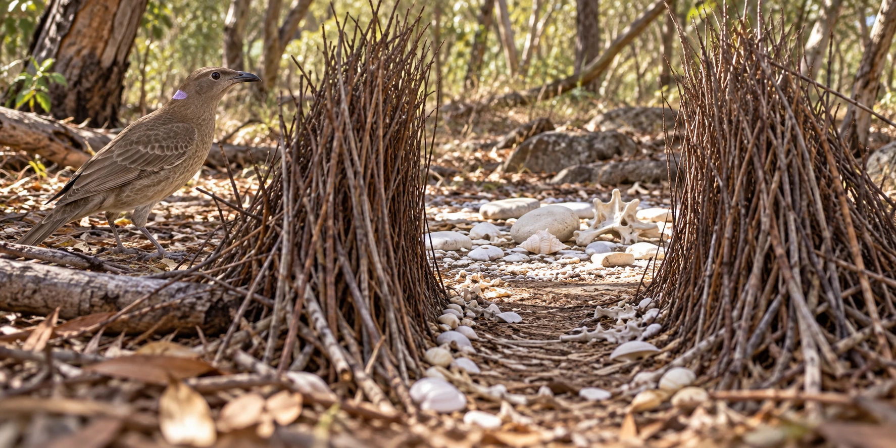 Great bowerbird beside a stick avenue and a court of pale objects