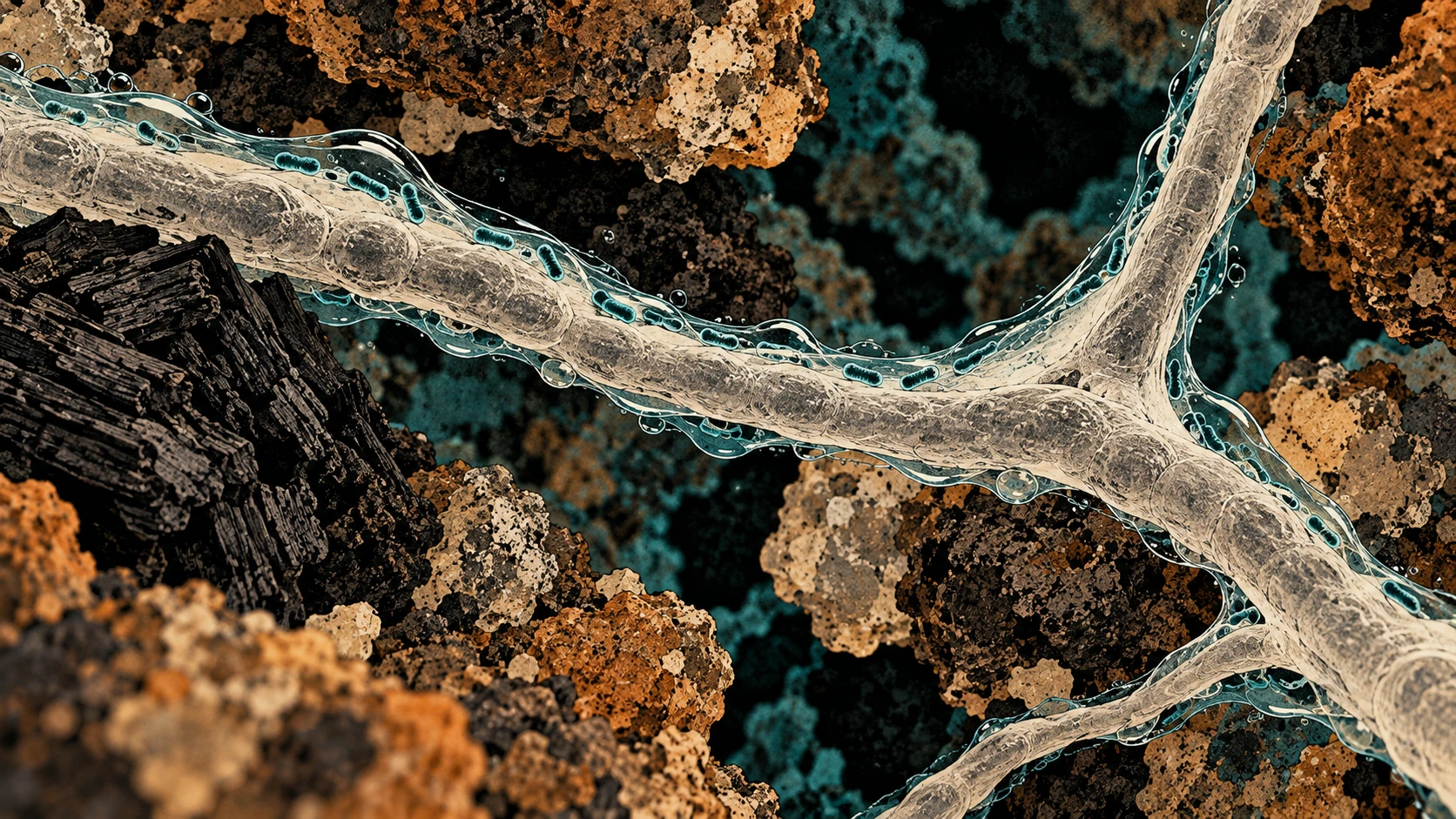 Microscopy-inspired soil pore with bacteria in a water film along a branching hypha