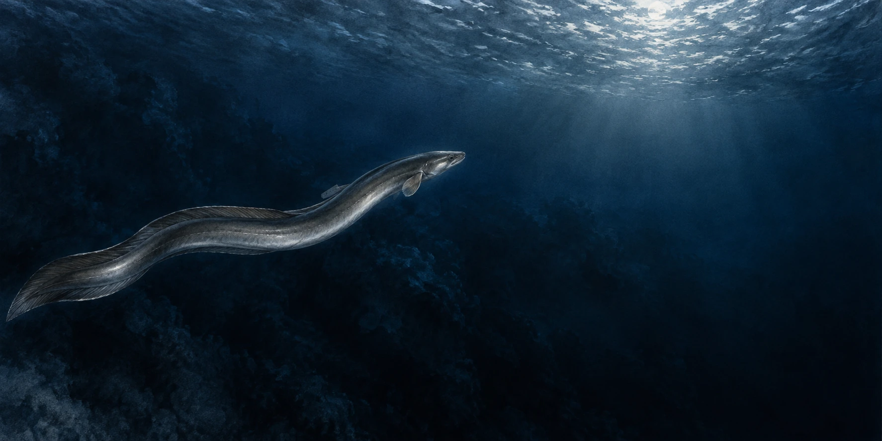 A silver European eel swimming into a wide dark Atlantic scene