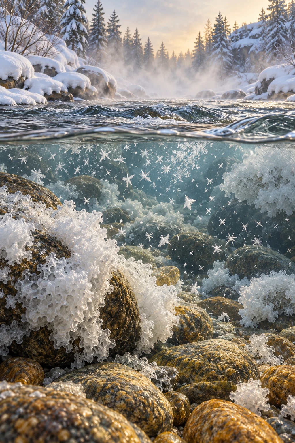Interpretive winter-river cutaway with stylized suspended ice crystals and porous ice attached to submerged stones.