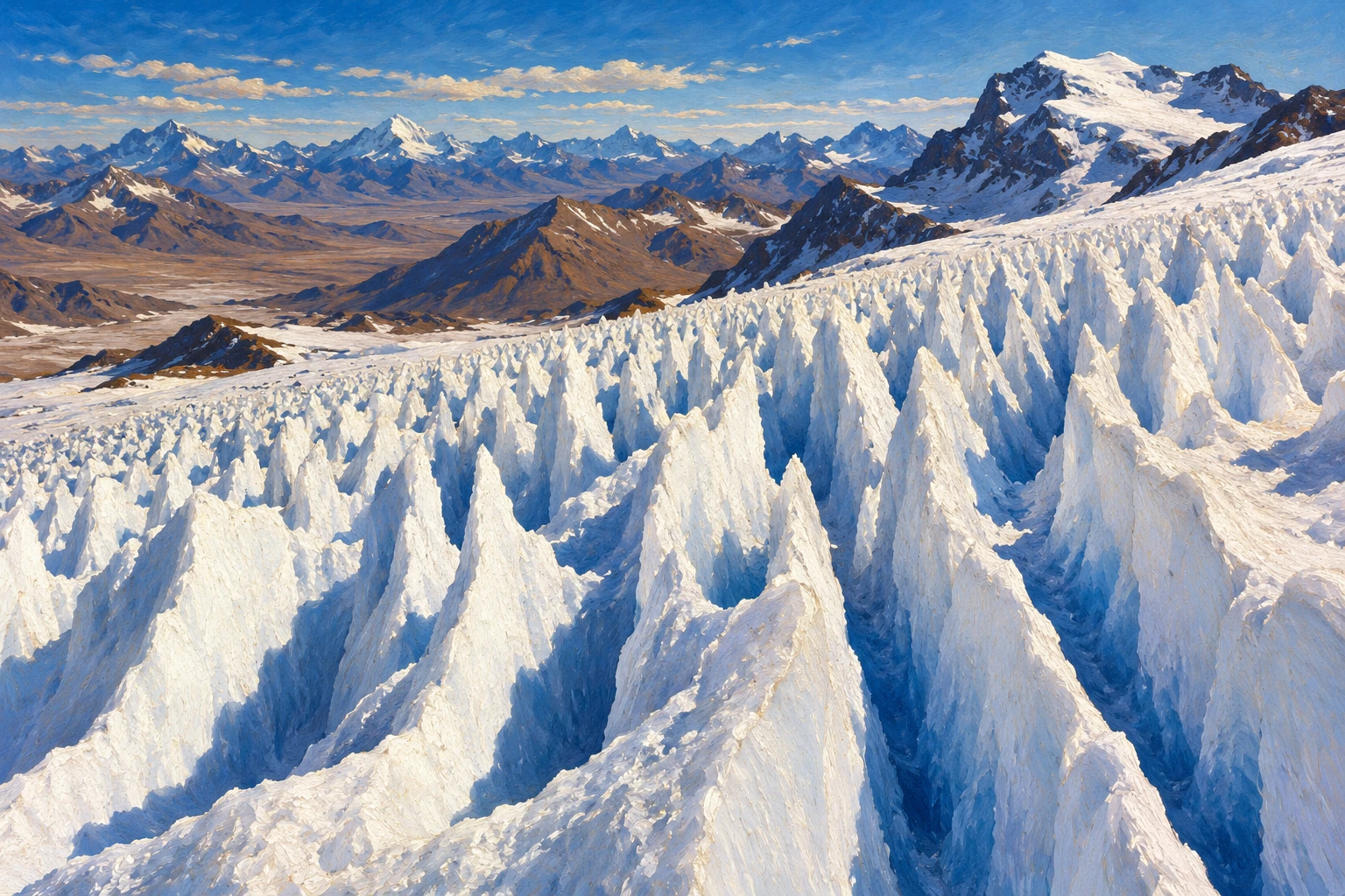 An interpretive Andean snowfield contains sharp white blades and deep blue troughs beneath a dry mountain sky.