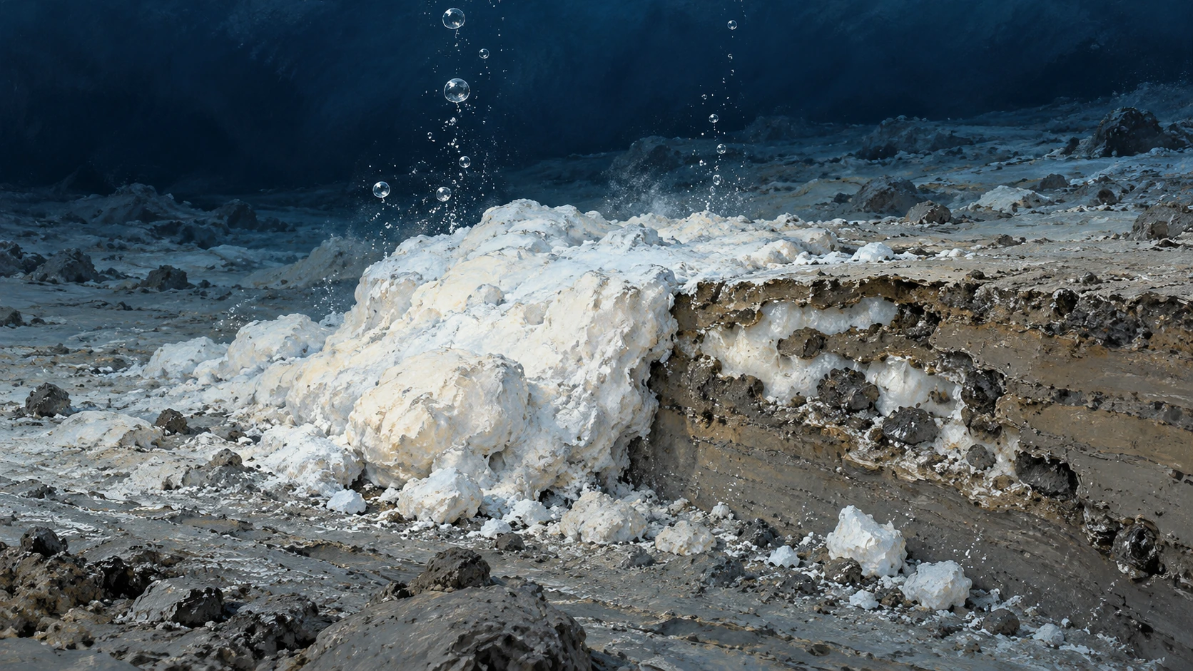 A conceptual white hydrate-bearing exposure lies in muddy seafloor sediment beneath a small bubble stream.