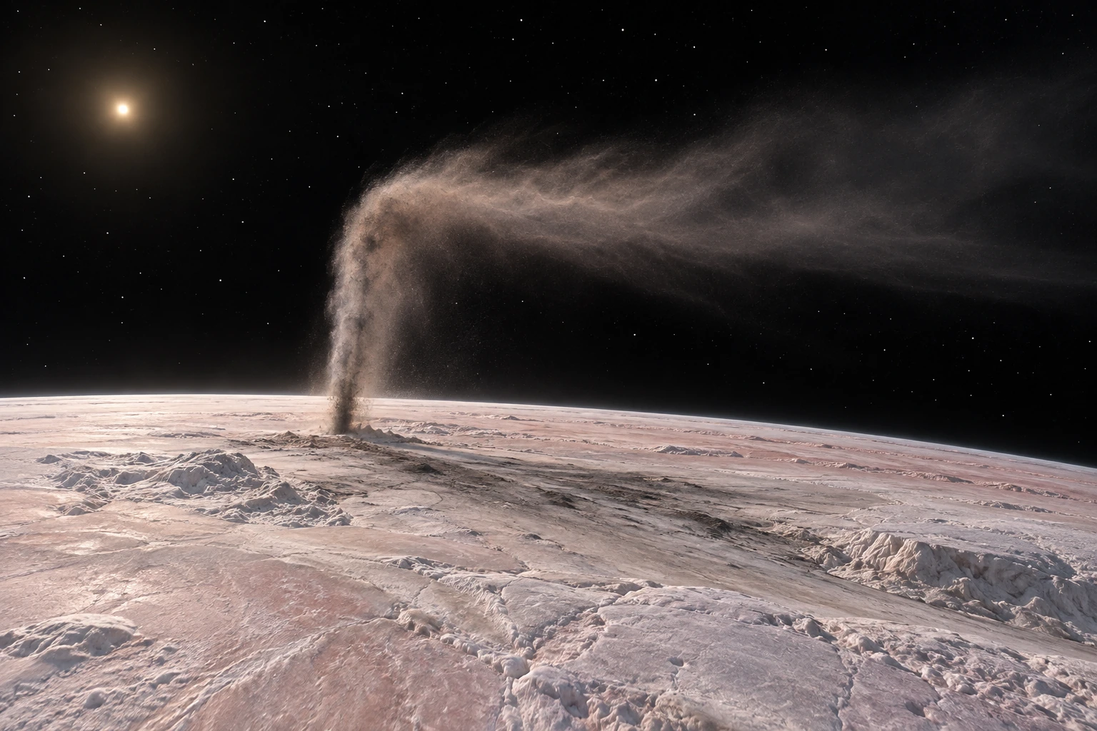 An imagined dark plume rises from pale Triton-like terrain and bends into a downwind streamer.