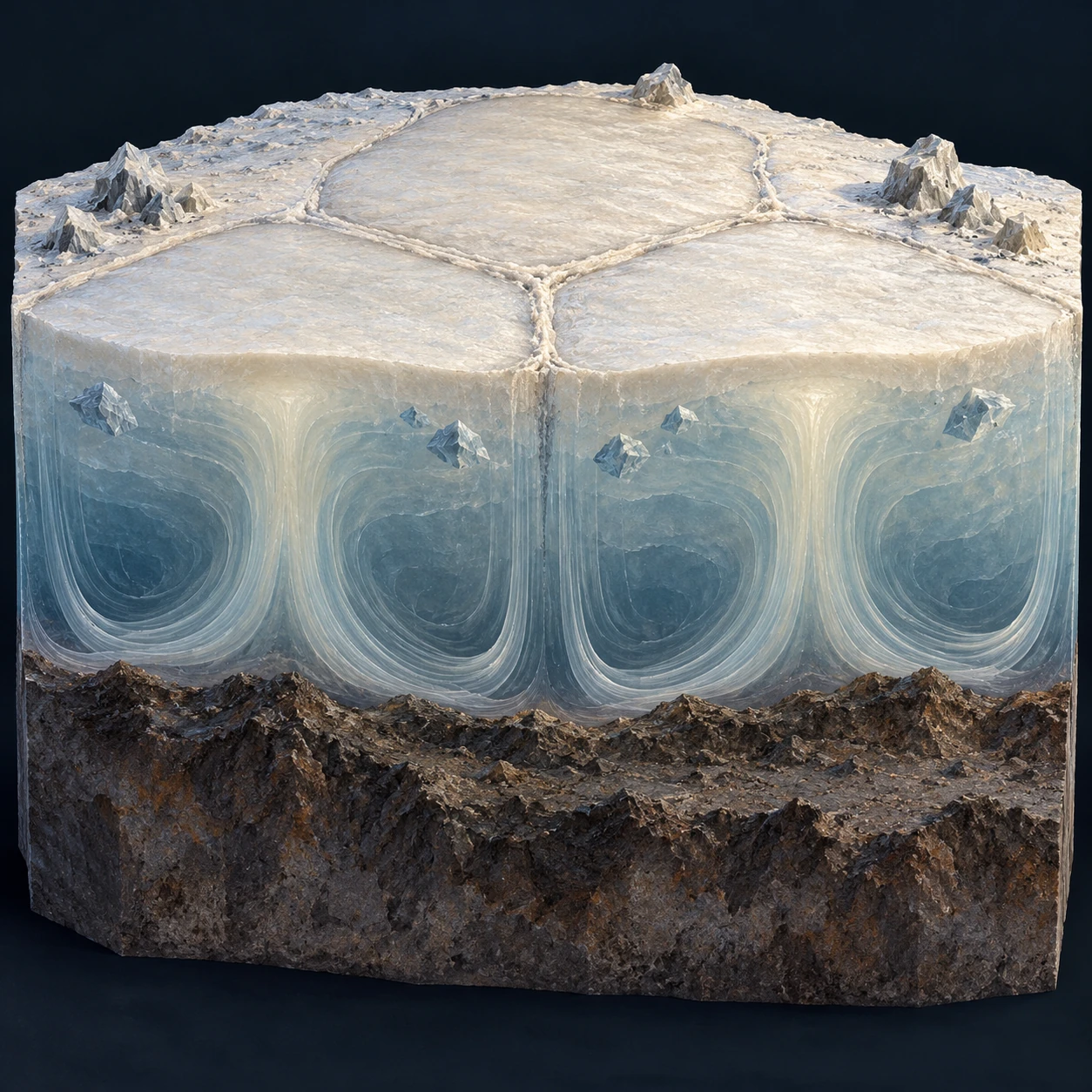 A conceptual block of solid ice contains curved overturning bands beneath broad cells and small surface blocks.
