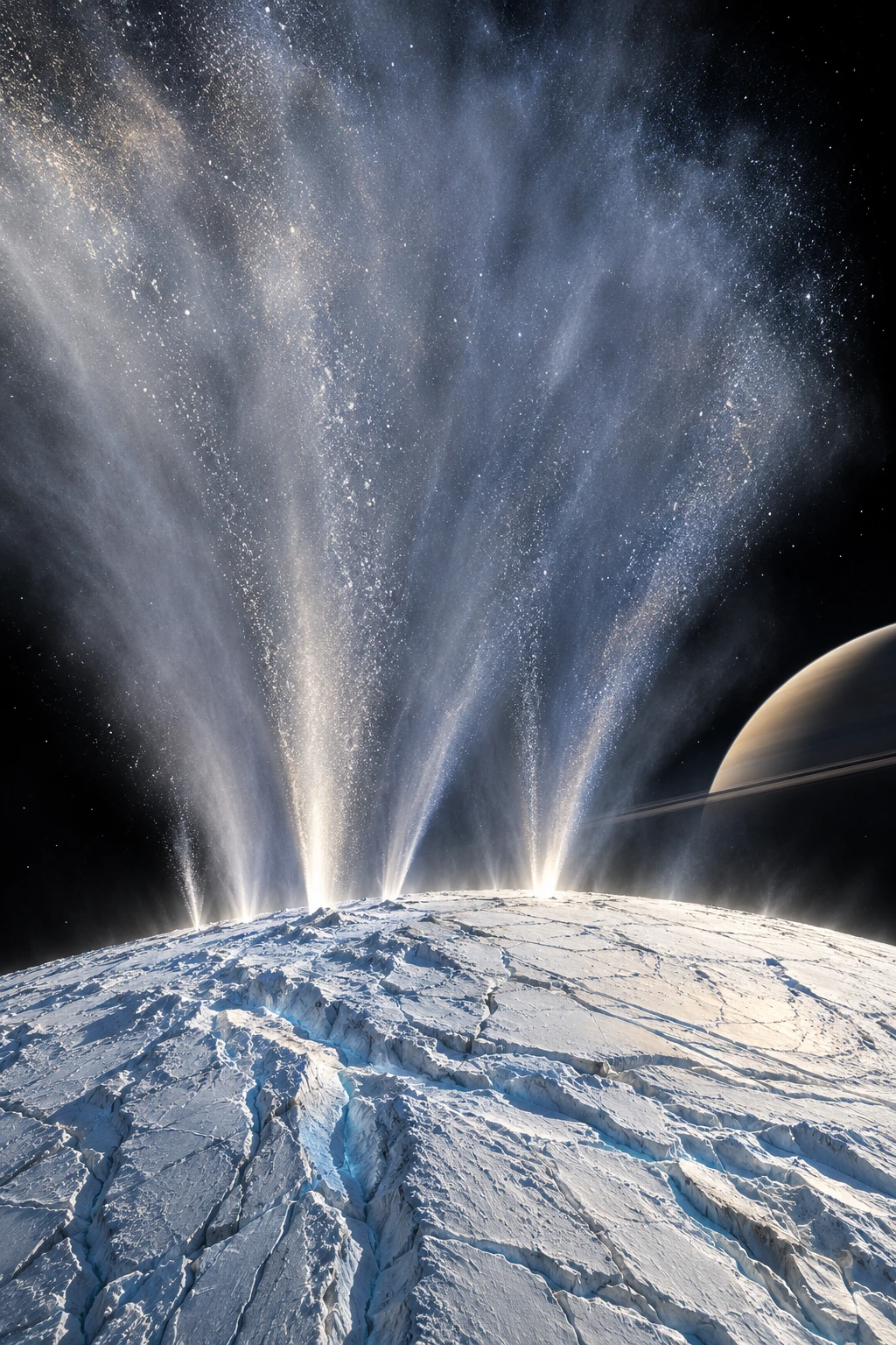Interpretive ice-grain and vapor jets rise from cracked Enceladus-like terrain with Saturn in the background.
