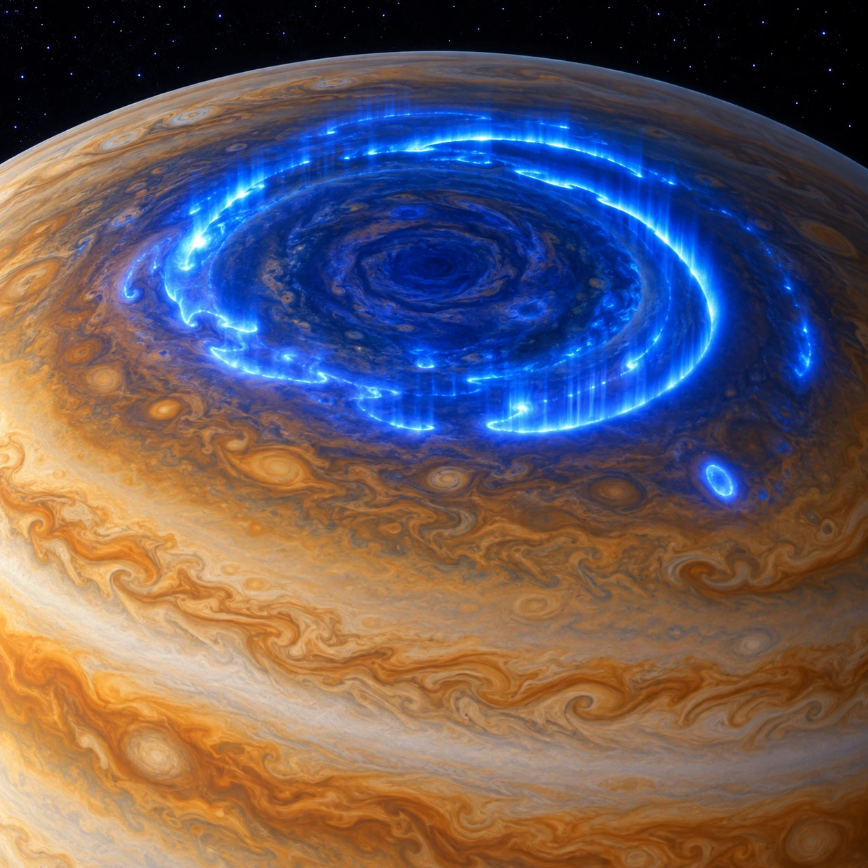 A painterly view of Jupiter’s polar auroral oval glows against a dark atmosphere and banded limb.