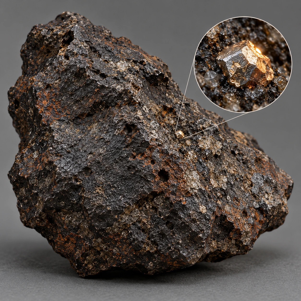 A conceptual dark meteorite specimen includes a magnified metallic grain against a plain background.