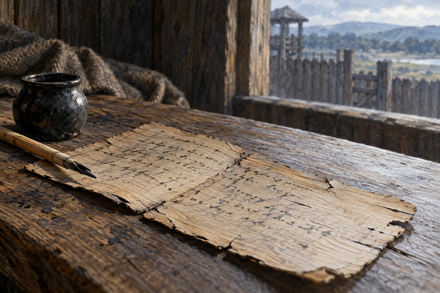 A thin wooden writing leaf with indistinct ink marks beside a reed pen and small ink pot in a northern Roman timber room.