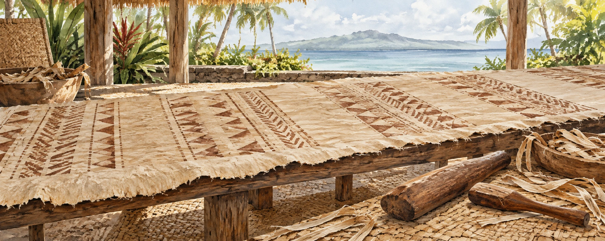 An interpretive Tongan ngatu-making space without people: a long wide cream barkcloth sheet over a low horizontal table, subtle original brown geometric rubbing marks with no named family design or coat of arms, wooden beaters and small plant-fiber strips nearby, airy open-sided setting, soft daylight.