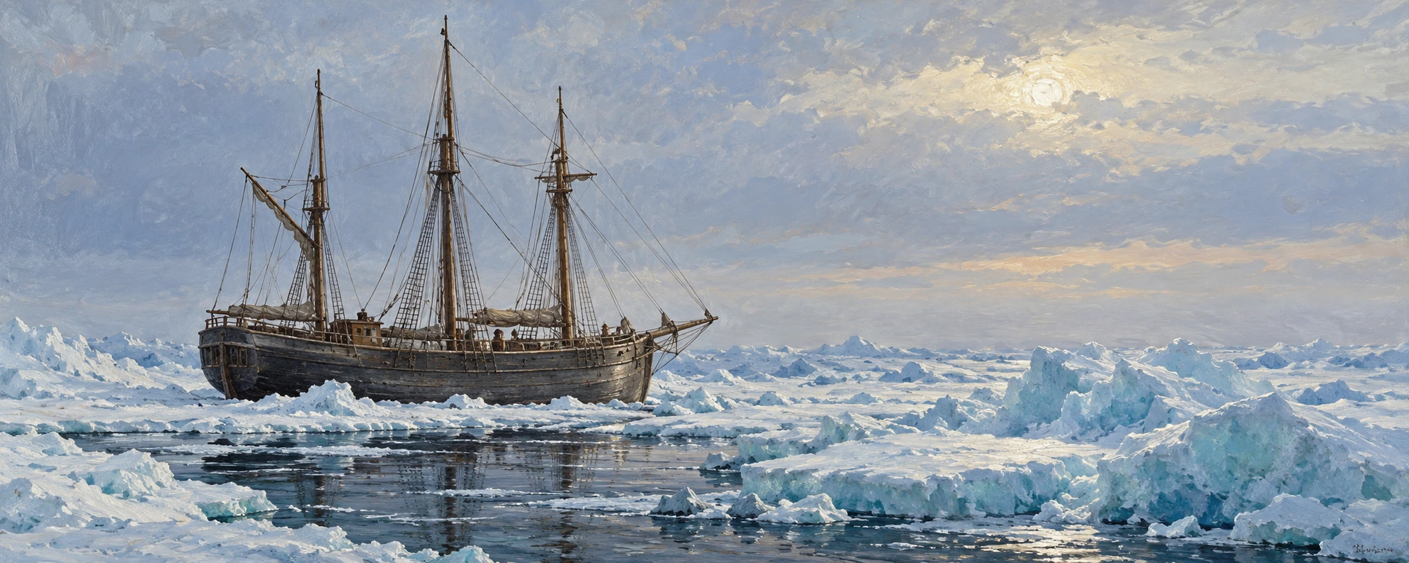 An interpretive side view of the wooden polar ship Fram at rest in Arctic pack ice, three masts and a robust rounded hull, small scale against low blue-white pressure ice and a dim pale sky.