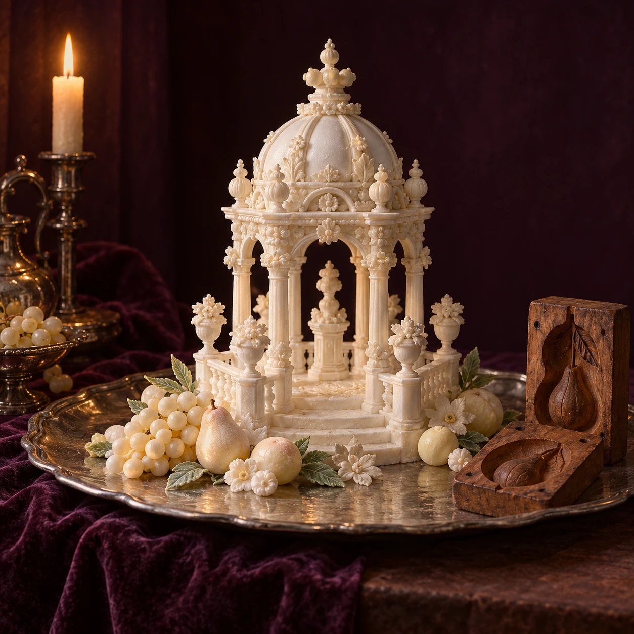 An invented early-modern European sugar banquet centerpiece on a silver-colored plain tray: delicate white sugar-paste architectural pavilion and small pale fruit forms beside a simple wooden two-part mold.