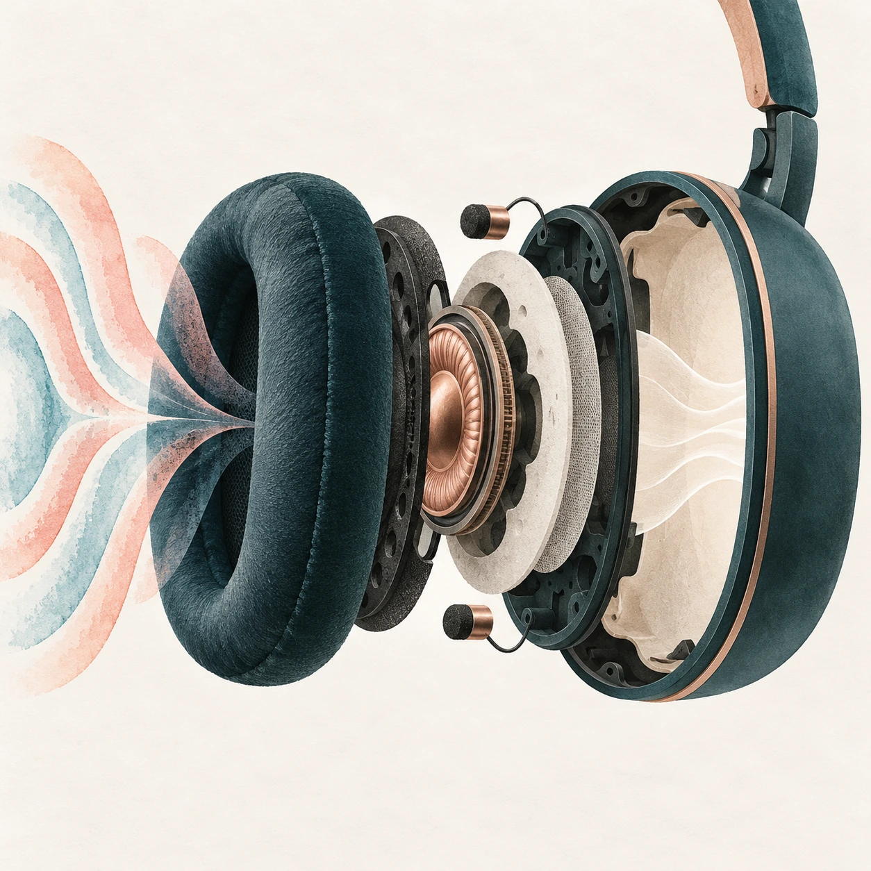 Square cut-paper and watercolor view of an exploded headphone earcup with cushion, speaker, and small microphones.