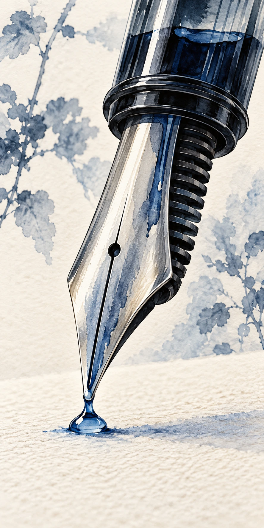 Tall watercolor study of a silver fountain-pen nib, ribbed feed, blue ink, and textured paper.