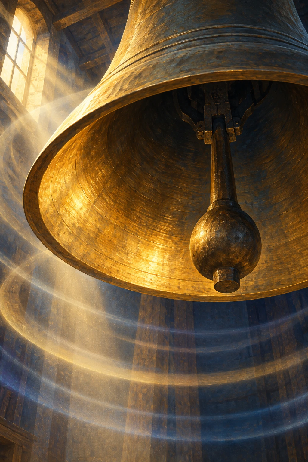 A bronze bell and clapper catch warm light in a quiet tower