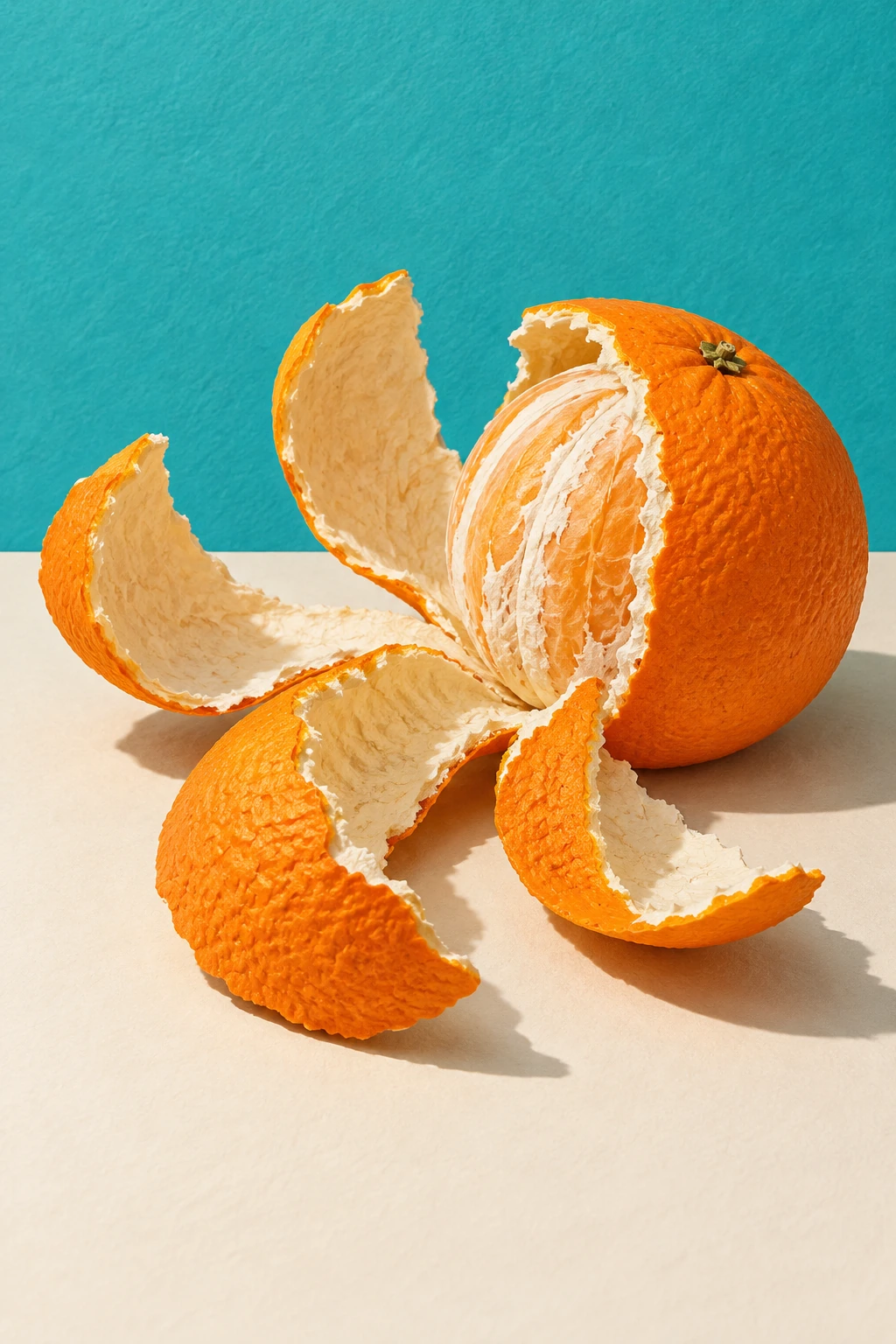 A partly opened orange peel curls beside the remaining orange