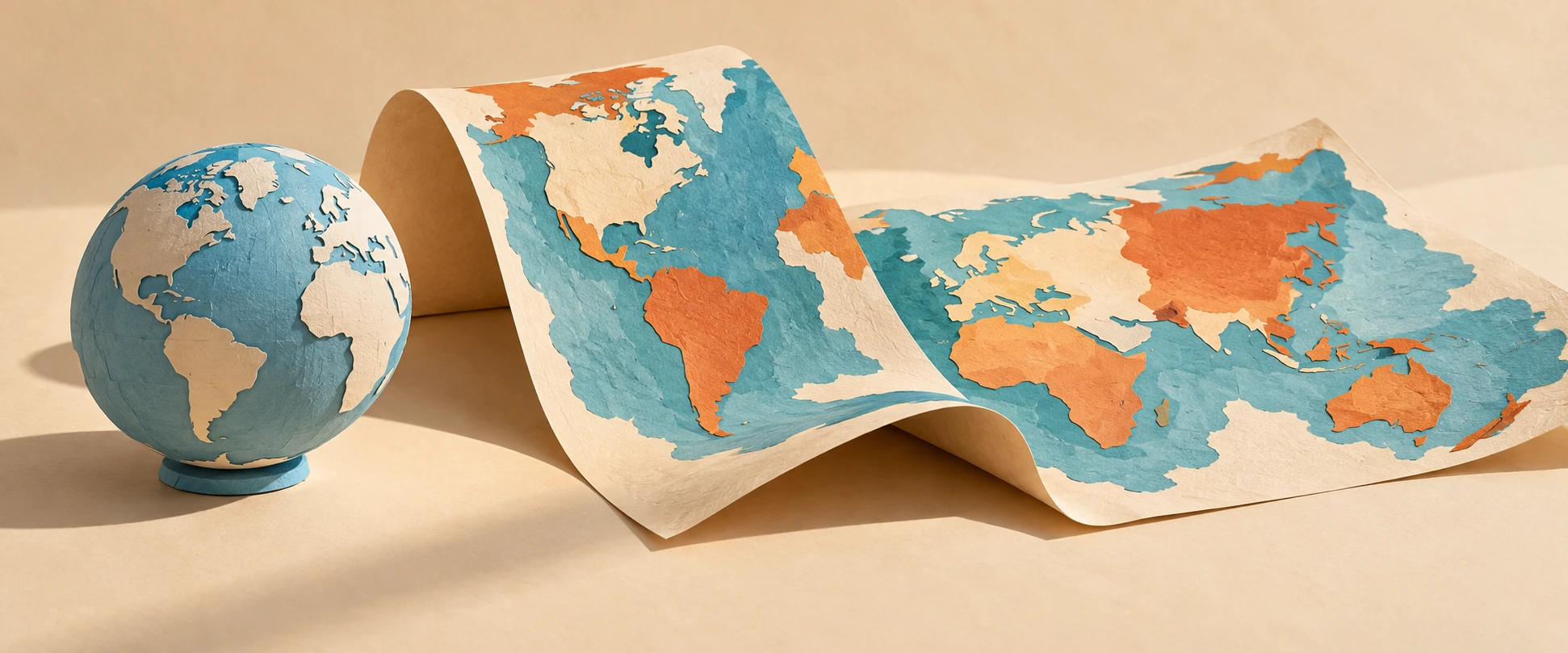 A paper globe stands beside curling unlabelled map sheets