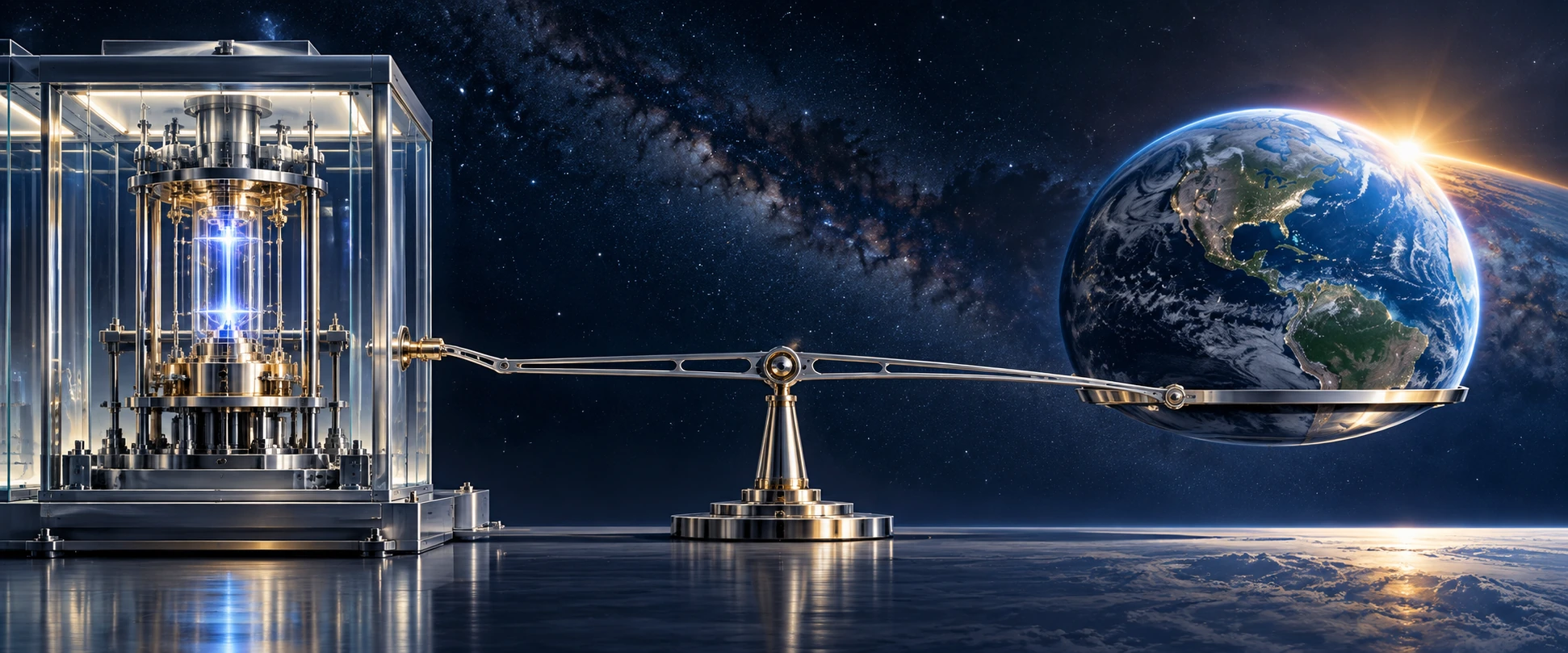 An imagined atomic-clock enclosure and Earth balance across a panoramic scene