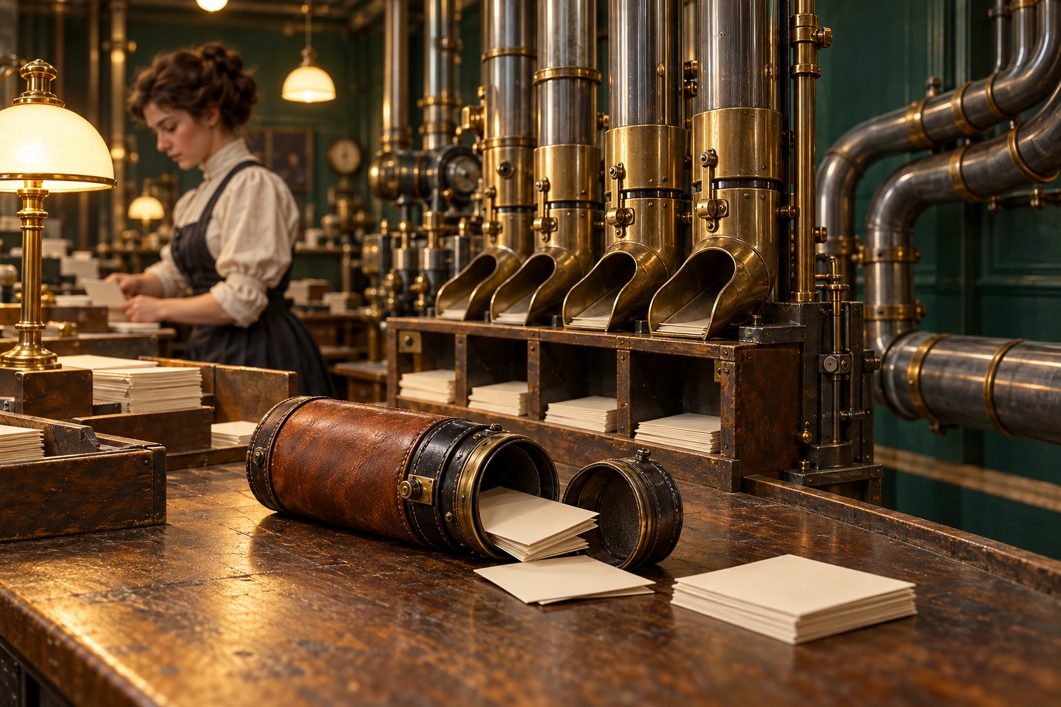 A pneumatic postal carrier lies beside tube terminals in a reconstructed Paris sorting room.