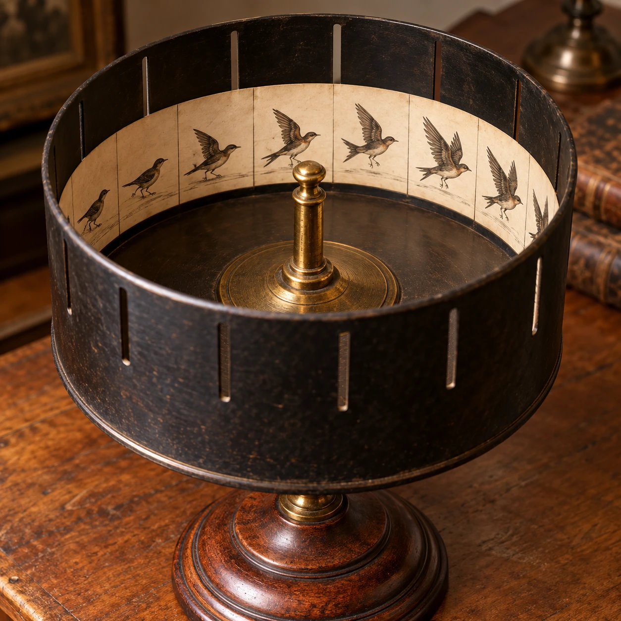 A slotted zoetrope drum contains a strip of sequential bird drawings.